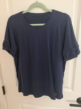 Michael Kors Navy Short Sleeve Tee with Double-Tiered Ruffle Sleeves